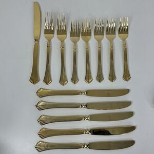 WM Rogers Korea Stainless Gold Electroplate Flatware Silverware Shell Knife Fork